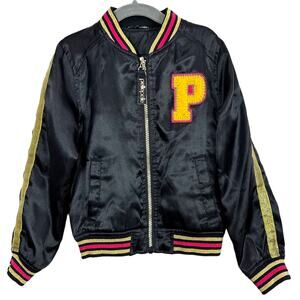 Pelle Pelle Black Satin Varsity Bomber Jacket Girls 4 4T Pink Orange Gold
